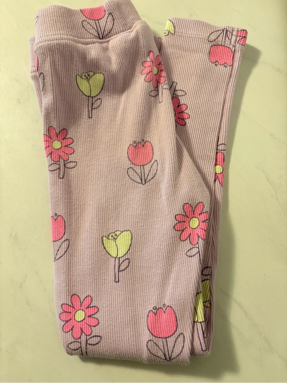 2 Pairs- Zara Pink Floral Ribbed Leggings with Lime Accents